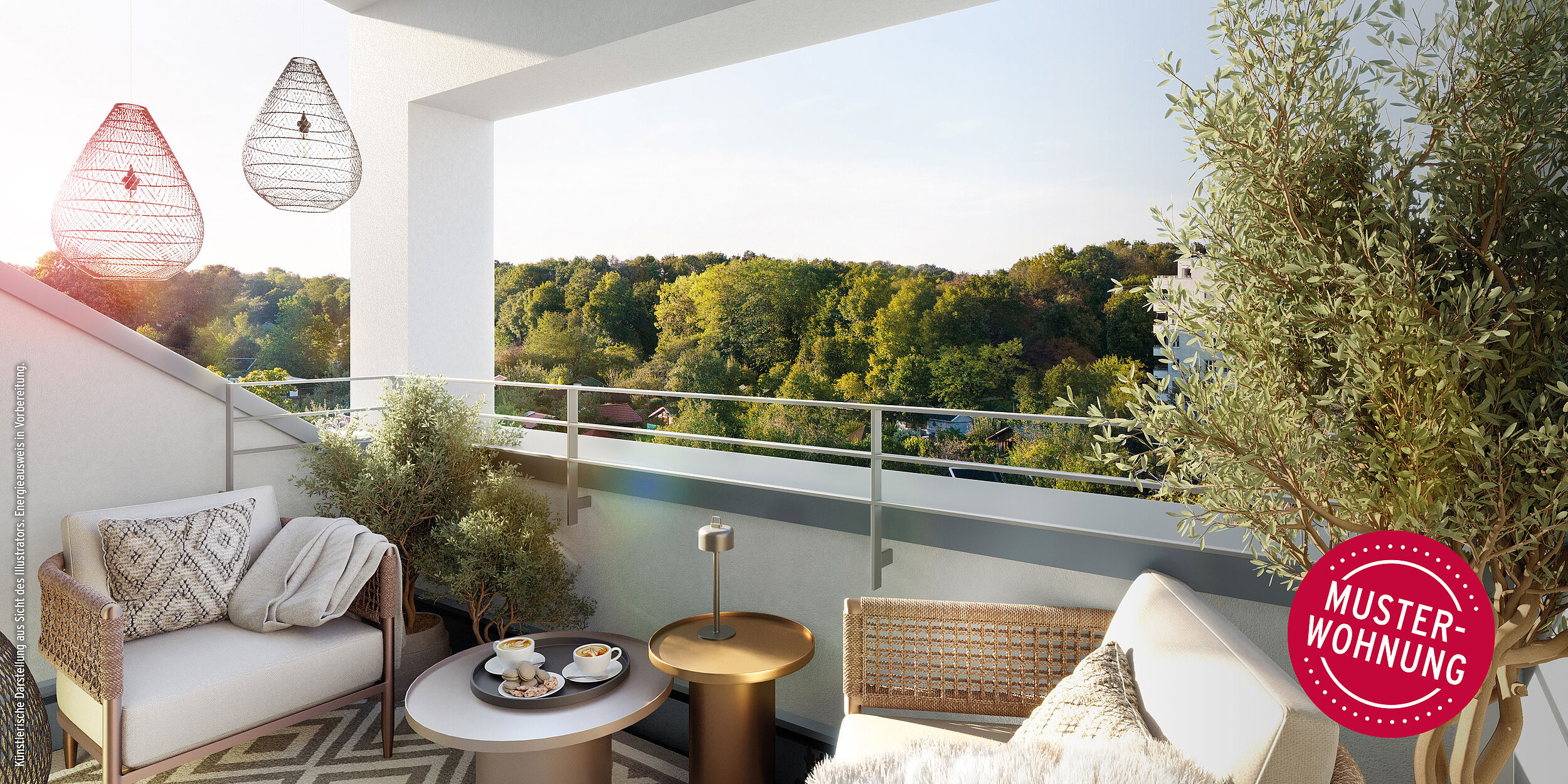 HI-Wohnbau DAS NESTROY Illustration, beispielhafter Balkon DAS NESTROY: SENDLINGER STADTWOHNENSEMBLE MIT ZUGANG ZUM WESTPARK