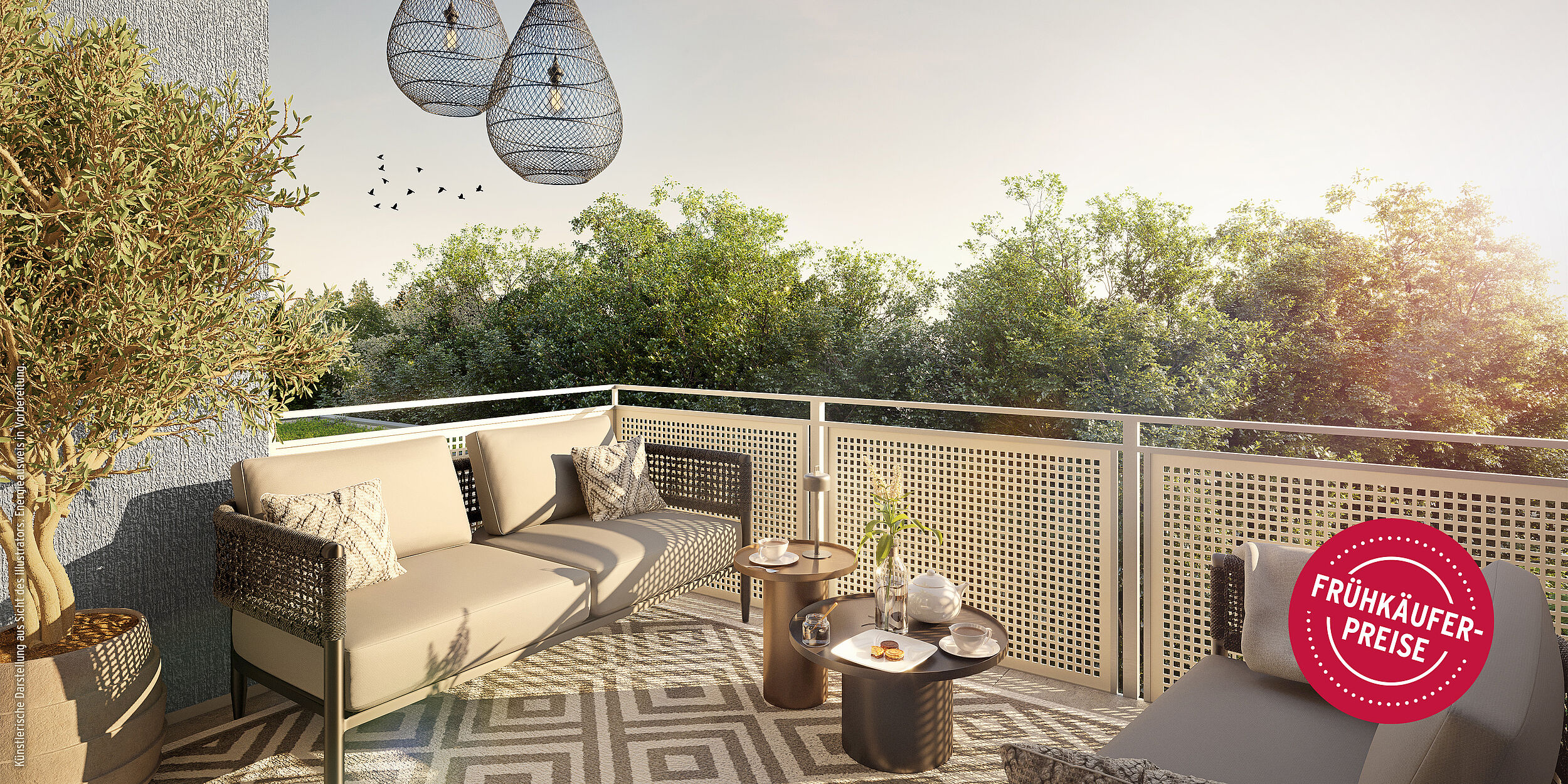 HI-Wohnbau LIEBERMANNS' Balkon-Illustration mit Button "Frühkäuferpreise" JETZT NOCH VON FRÜHKÄUFERPREISEN PROFITIEREN