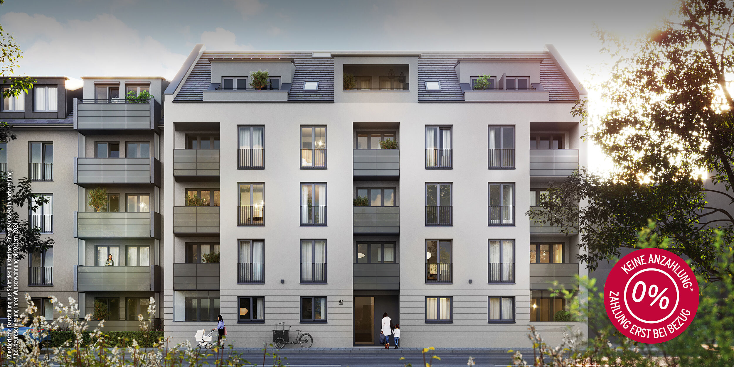 HI-Wohnbau DAS NESTROY Illustration Fassade am Tag ENTSPANNTER IMMOBILIENKAUF: JETZT KAUFEN, ERST BEI BEZUG ZAHLEN 