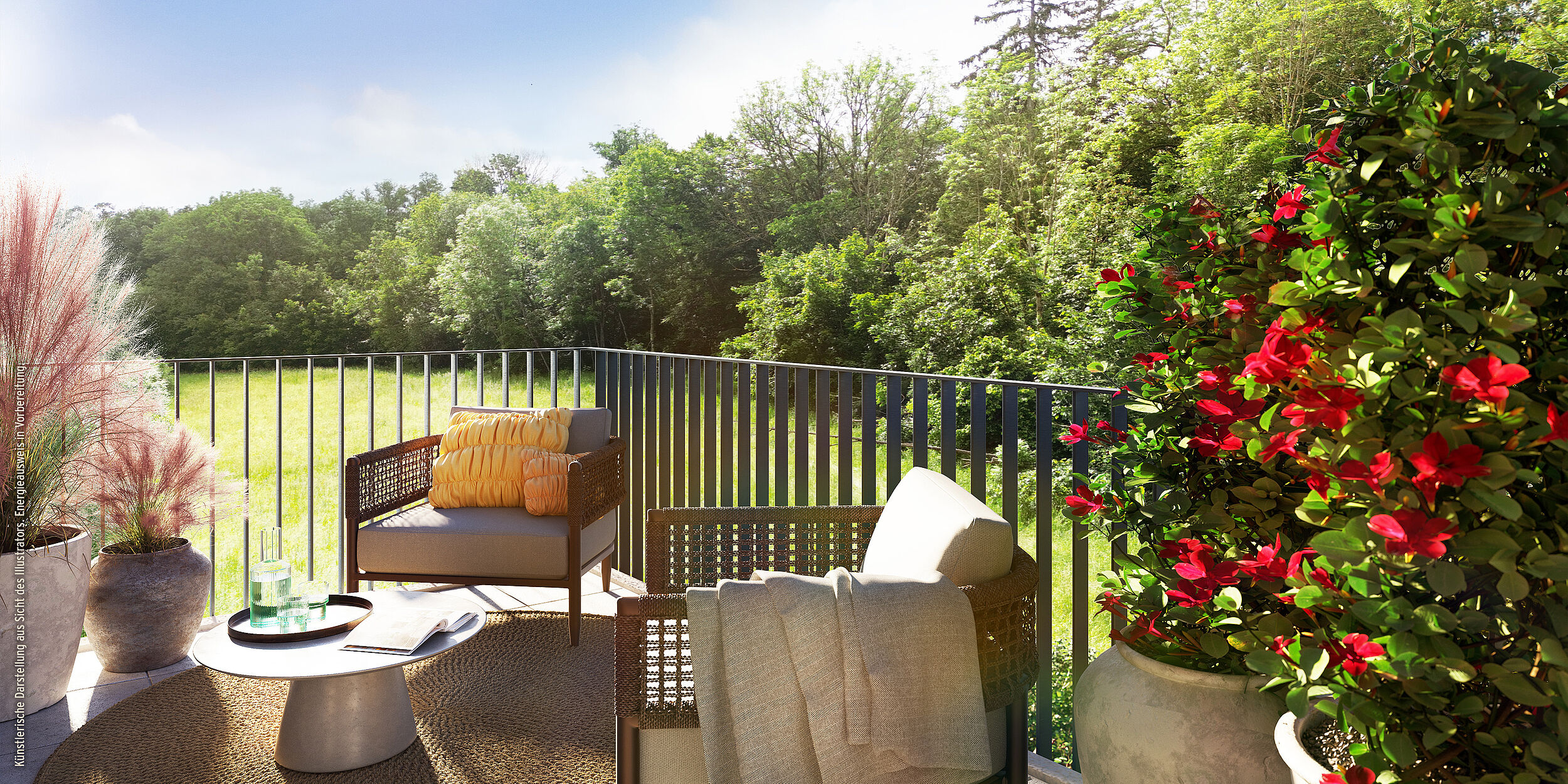 HI-Wohnbau Illustration vom Balkon mit Blick in die Würm-Auen JETZT IN TRAUMLAGE IN GAUTING DIREKT AM SCHLOSSPARK INVESTIEREN